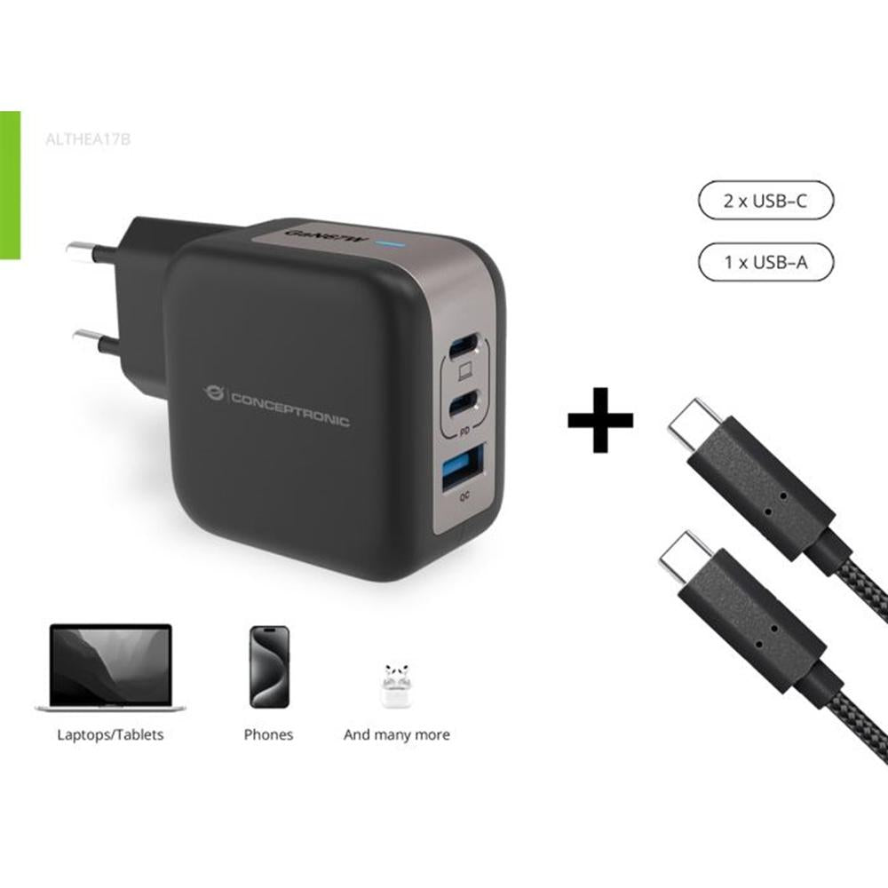 Cargador de pared conceptronic althea17b 67w 2x usb tipo c 1x usb tipo a
