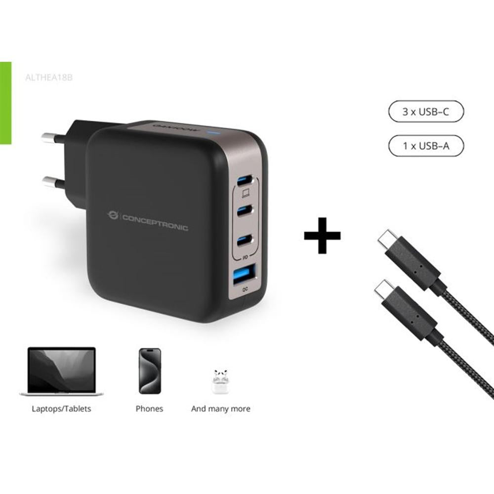 Cargador de pared conceptronic althea18b 100w 3x usb tipo c 1x usb tipo a